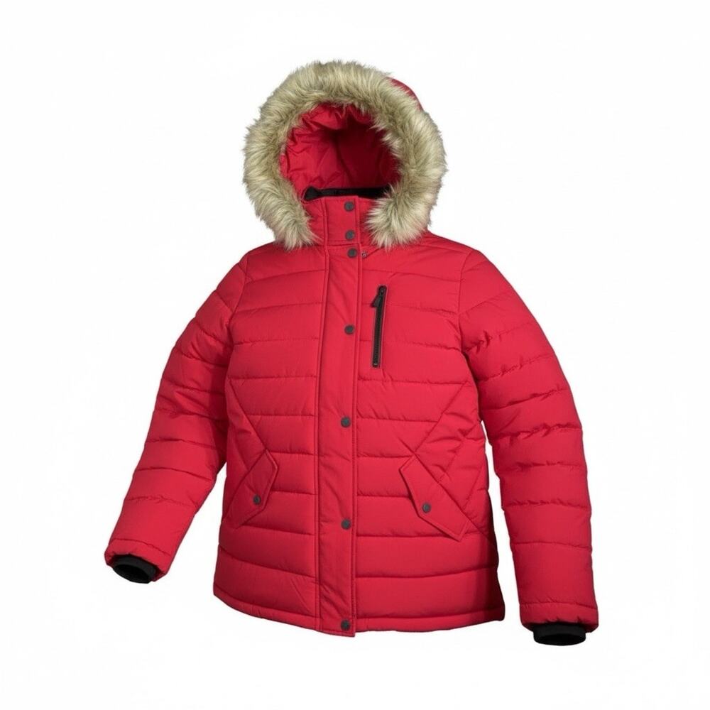 Swiss Tech Red Puffer Jacket with Faux Fur Hood